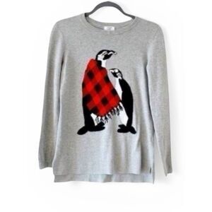 Crown & Ivy Women Penguin Sweater Gray Sequin Plaid Cozy Knit Size M NWT